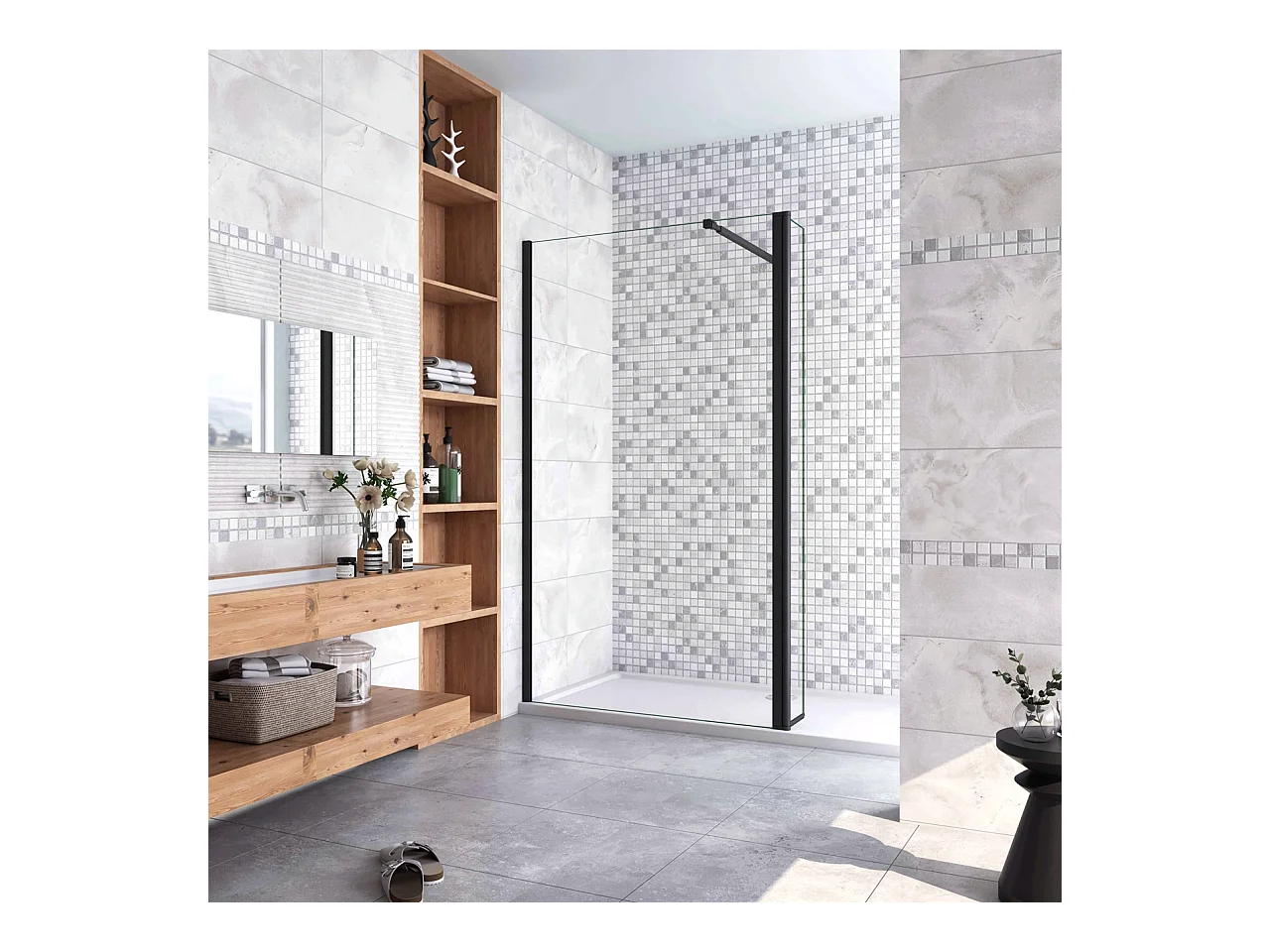 Inloopdouche-douchewand-walk in 10mm NANO EasyClean veiligheidsglas，90x200cm+30x200cm draaibaar hoekprofiel 73-120cm Stabilisatiestang,mat zwart aluminium profiel.