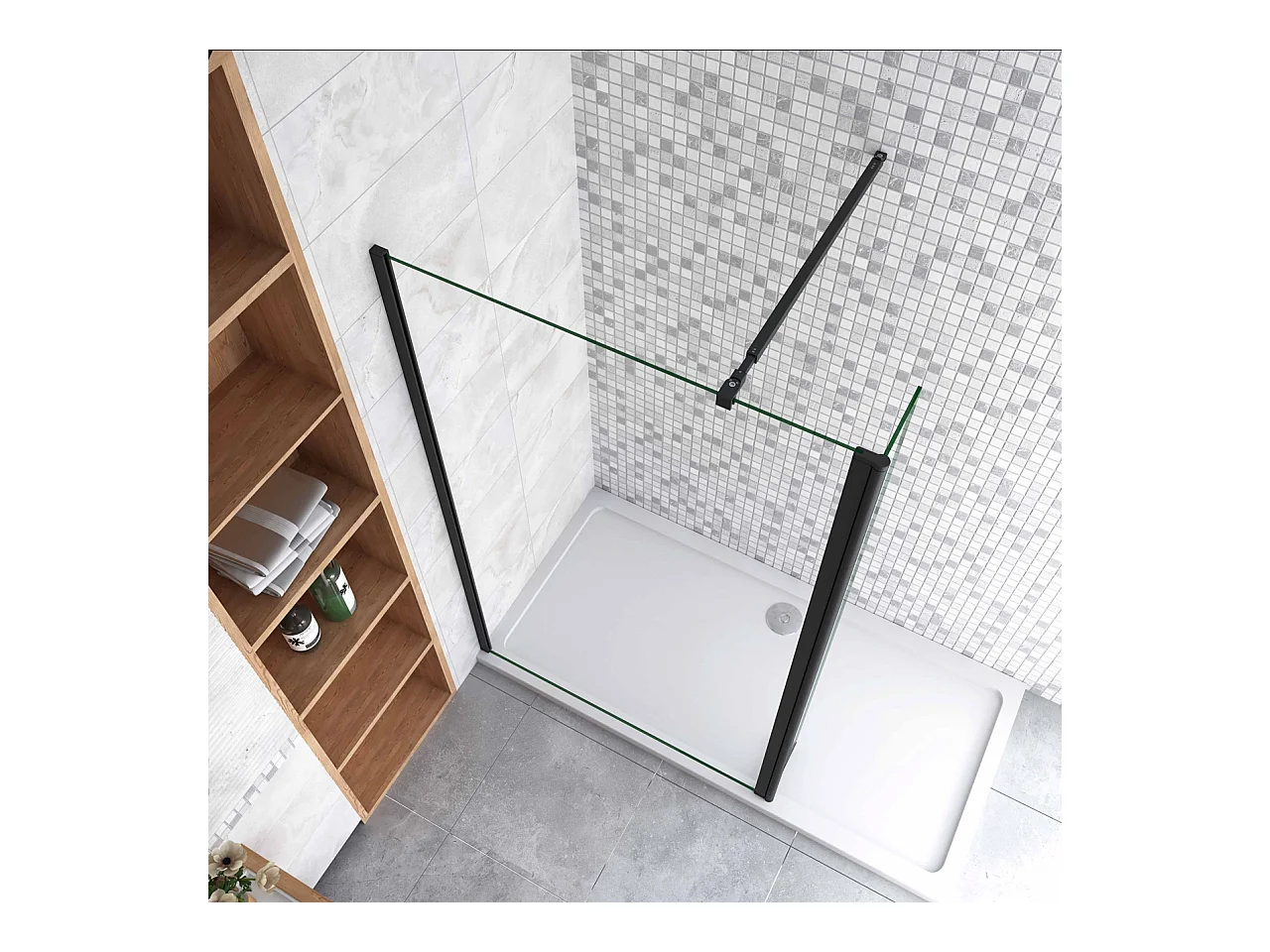 Inloopdouche-douchewand-walk in 8mm NANO EasyClean veiligheidsglas，120x200cm+30x200cm draaibaar hoekprofiel+73-120cm Stabilisatiestang,mat zwart aluminium profiel.