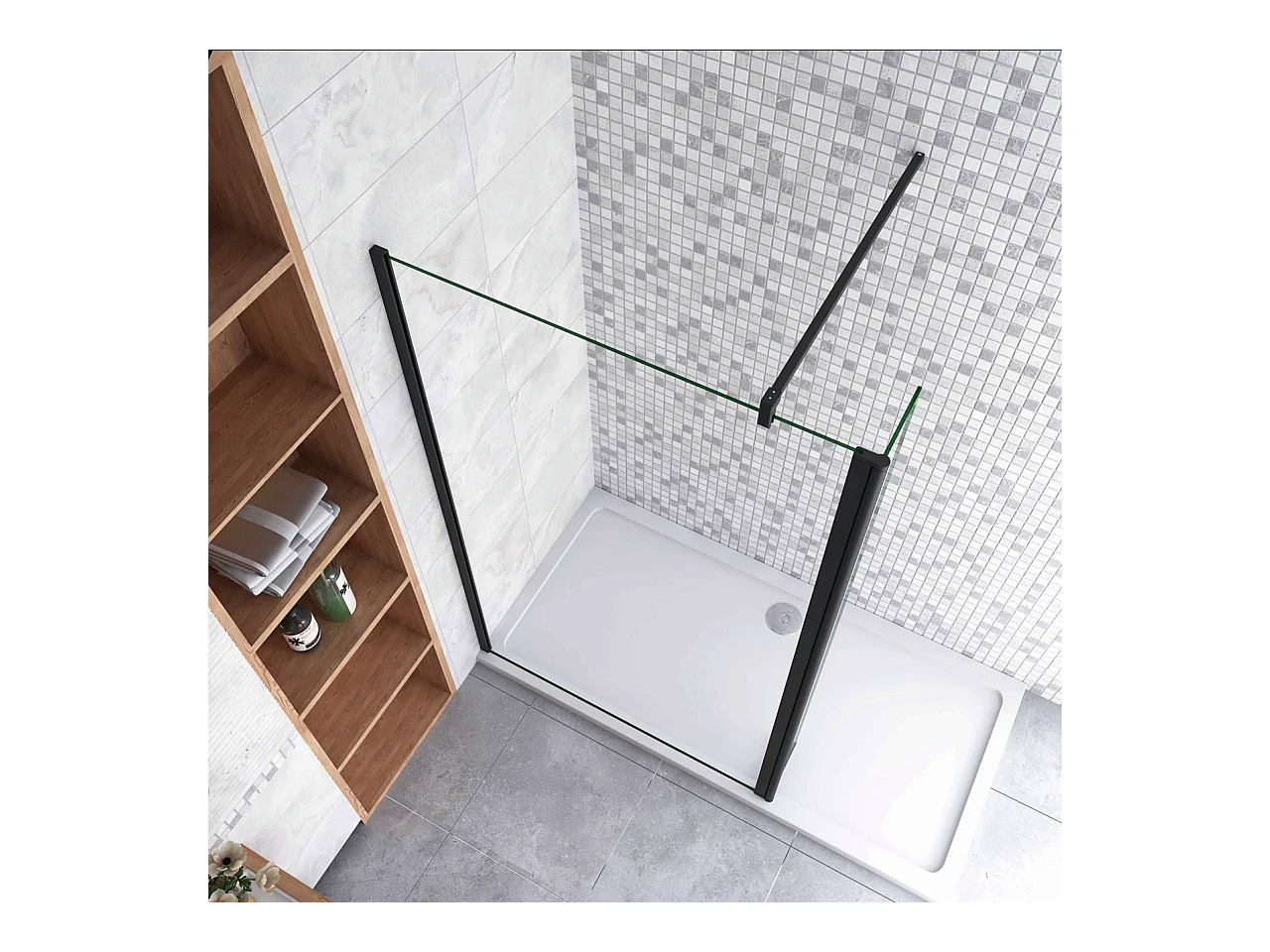 Inloopdouche-douchewand-walk in 8mm NANO EasyClean veiligheidsglas，40x200cm+40x200cm draaibaar hoekprofiel+F-vorm: 90 Stabilisatiestang,mat zwart aluminium profiel.