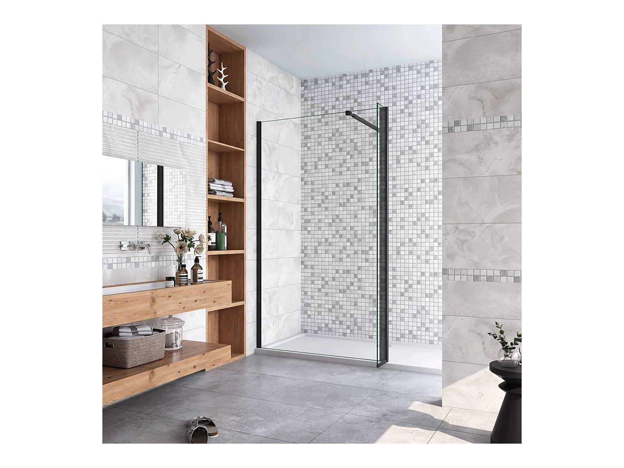 Inloopdouche-douchewand-walk in 10mm NANO EasyClean veiligheidsglas，50x200cm+40x200cm draaibaar hoekprofiel 73-120cm Stabilisatiestang,mat zwart aluminium profiel.