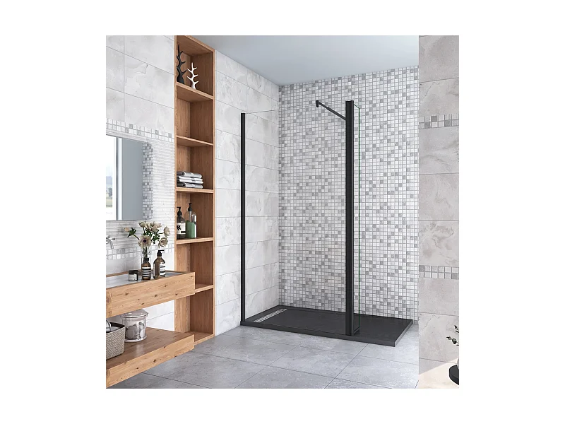 Inloopdouche-douchewand-walk in 10mm NANO EasyClean veiligheidsglas，100x200cm+30x200cm draaibaar hoekprofiel 70-120cm Stabilisatiestang,mat zwart aluminium profiel.