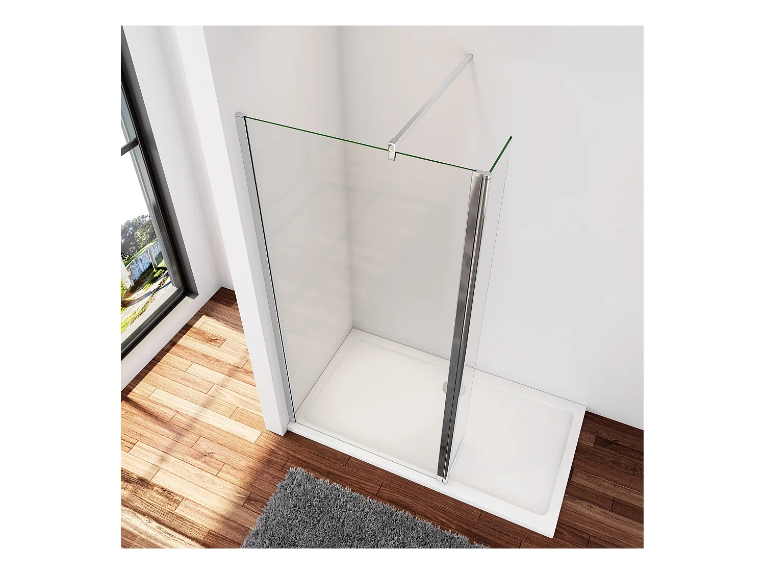 Inloopdouche-douchewand-walk in 8mm NANO EasyClean veiligheidsglas，85x200cm+30x200cm draaibaar hoekprofiel+F-vorm: 90 Stabilisatiestang,glanzend chroom profiel