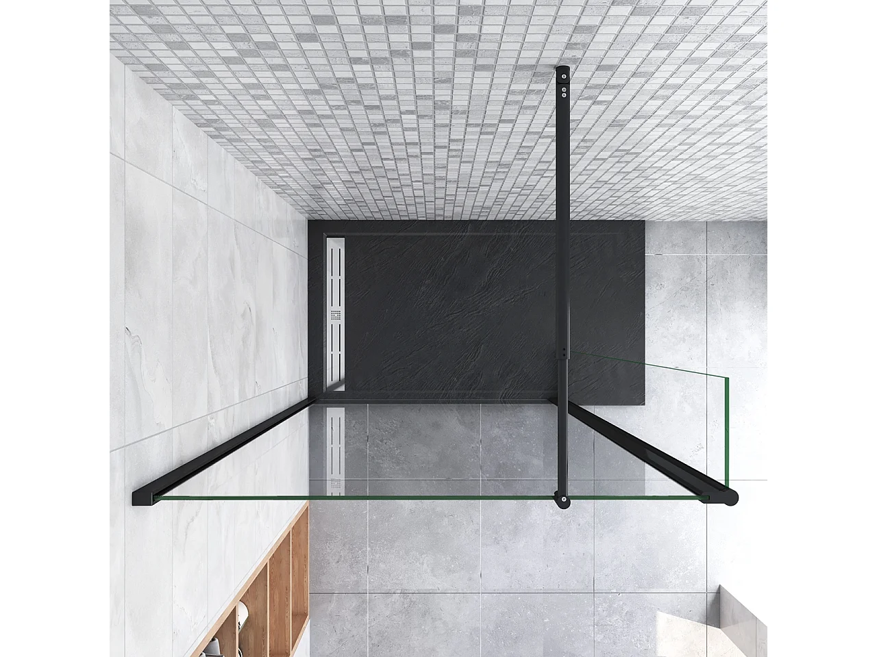 Inloopdouche-douchewand-walk in 8mm NANO EasyClean veiligheidsglas，100x200cm+30x200cm draaibaar hoekprofiel+70-120cm Stabilisatiestang,mat zwart aluminium profiel.