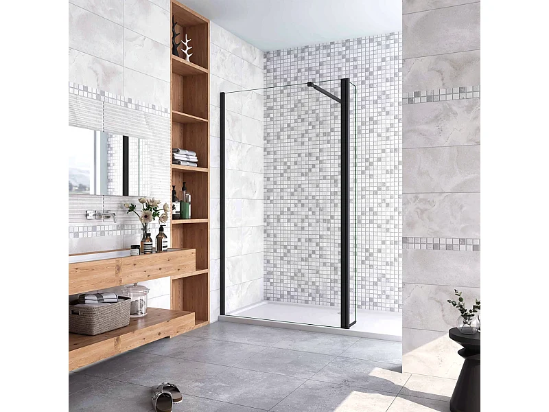 Inloopdouche-douchewand-walk in 10mm NANO EasyClean veiligheidsglas，100x200cm+40x200cm draaibaar hoekprofiel 73-120cm Stabilisatiestang,mat zwart aluminium profiel.