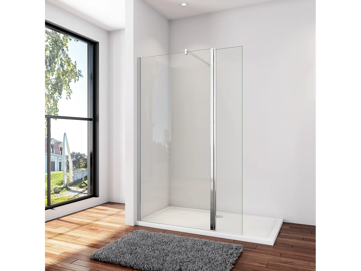 Inloopdouche-douchewand-walk in 8mm NANO EasyClean veiligheidsglas，140x200cm+40x200cm draaibaar hoekprofiel+F-vorm: 140 Stabilisatiestang,glanzend chroom profiel