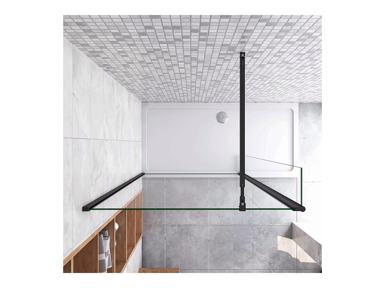 Inloopdouche-douchewand-walk in 8mm NANO EasyClean veiligheidsglas，80x200cm+30x200cm draaibaar hoekprofiel+73-120cm Stabilisatiestang,mat zwart aluminium profiel.