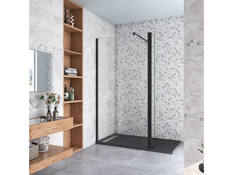 Inloopdouche-douchewand-walk in 10mm NANO EasyClean veiligheidsglas，30x200cm+40x200cm draaibaar hoekprofiel 70-120cm Stabilisatiestang,mat zwart aluminium profiel.