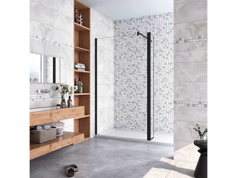 Inloopdouche-douchewand-walk in 10mm NANO EasyClean veiligheidsglas,150x200cm+40x200cm draaibaar hoekprofiel F-vorm: 140 Stabilisatiestang,mat zwart profiel