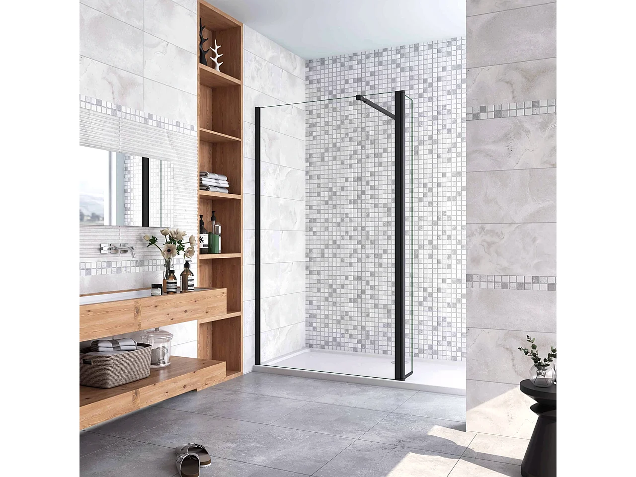 Inloopdouche-douchewand-walk in 10mm NANO EasyClean veiligheidsglas，110x200cm+40x200cm draaibaar hoekprofiel 73-120cm Stabilisatiestang,mat zwart aluminium profiel.