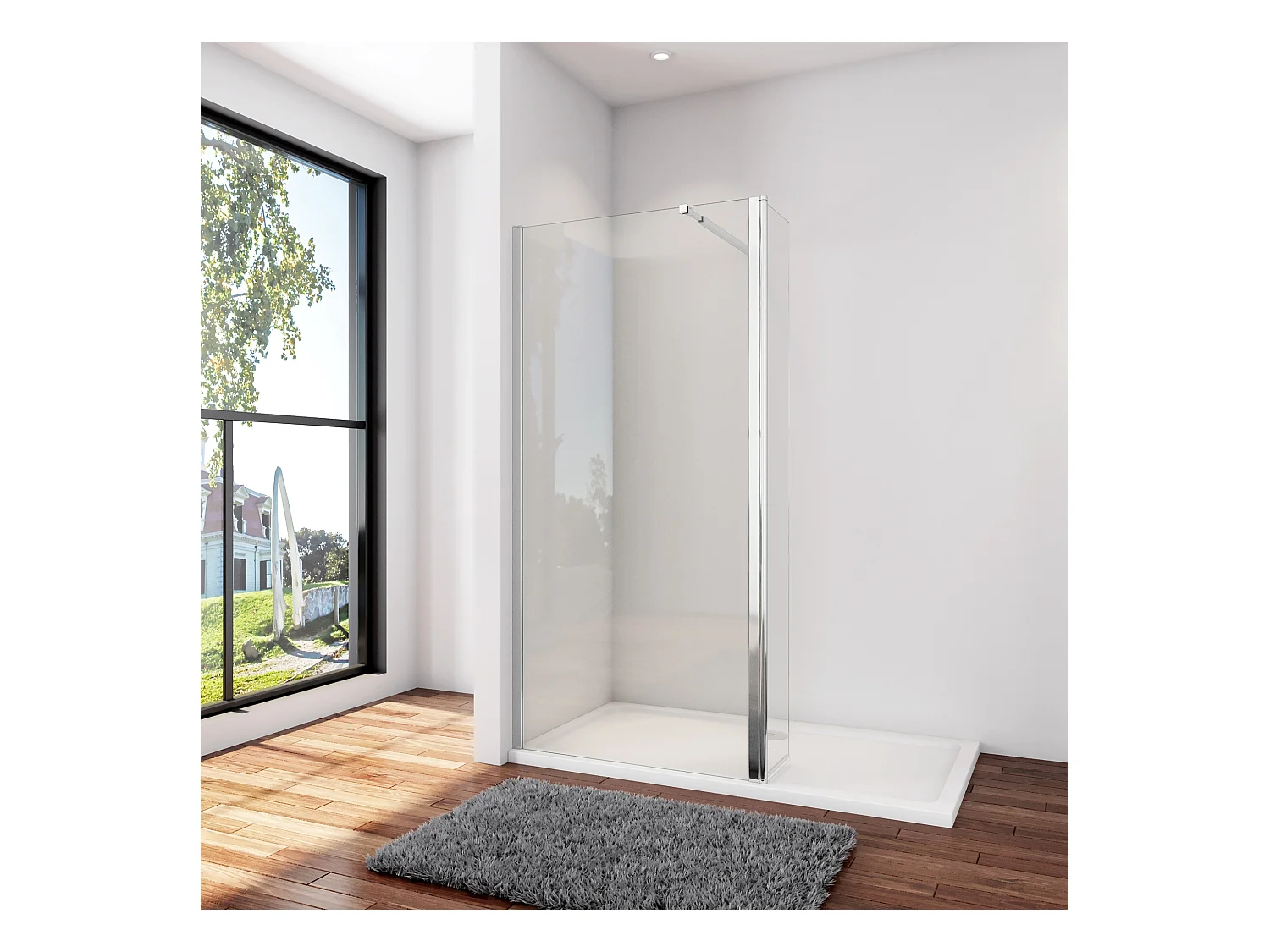Inloopdouche-douchewand-walk in 8mm NANO EasyClean veiligheidsglas，150x200cm+40x200cm draaibaar hoekprofiel+73-120cm Stabilisatiestang,glanzend chroom profiel