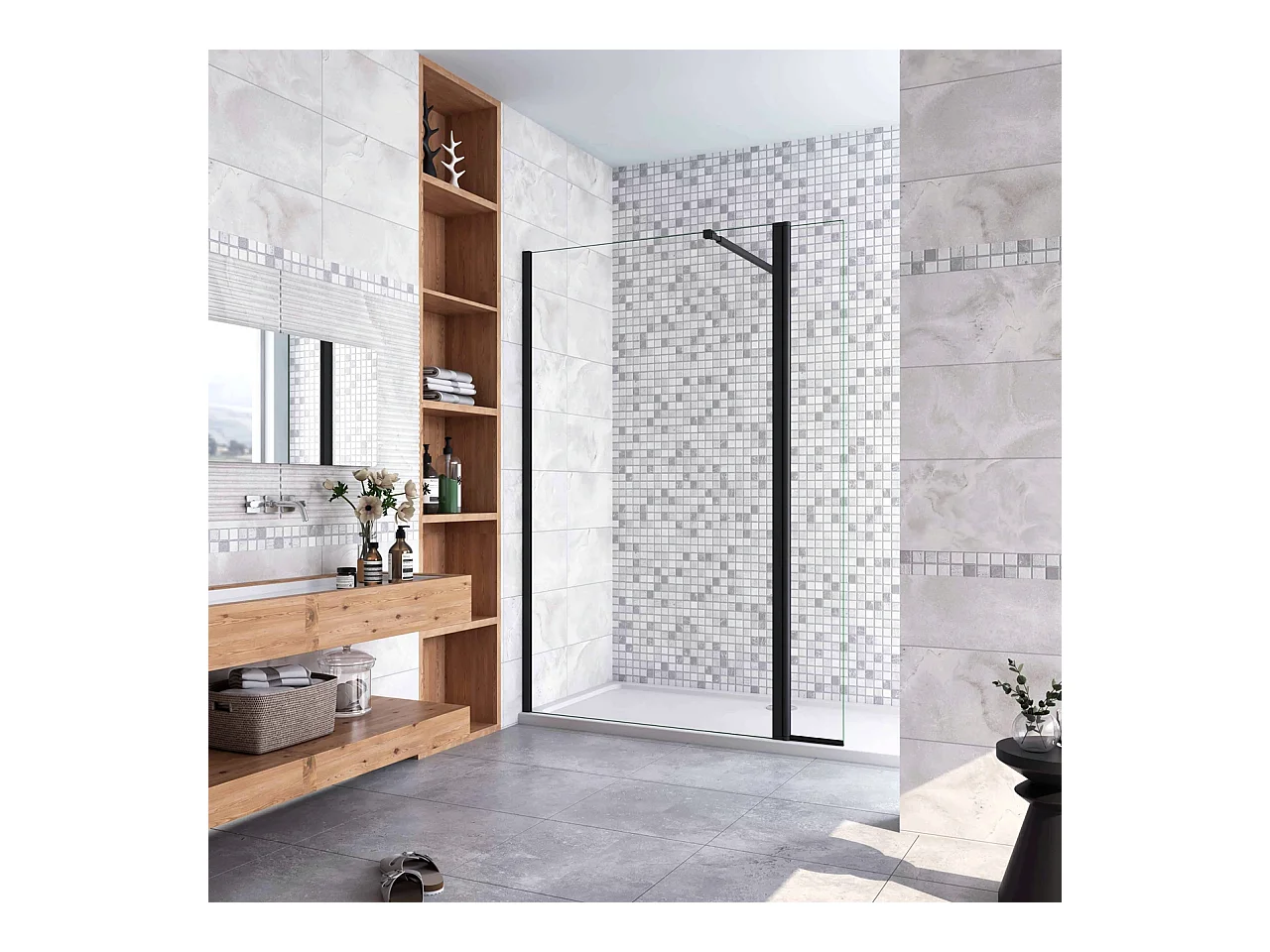 Inloopdouche-douchewand-walk in 8mm NANO EasyClean veiligheidsglas，140x200cm+30x200cm draaibaar hoekprofiel+73-120cm Stabilisatiestang,mat zwart aluminium profiel.