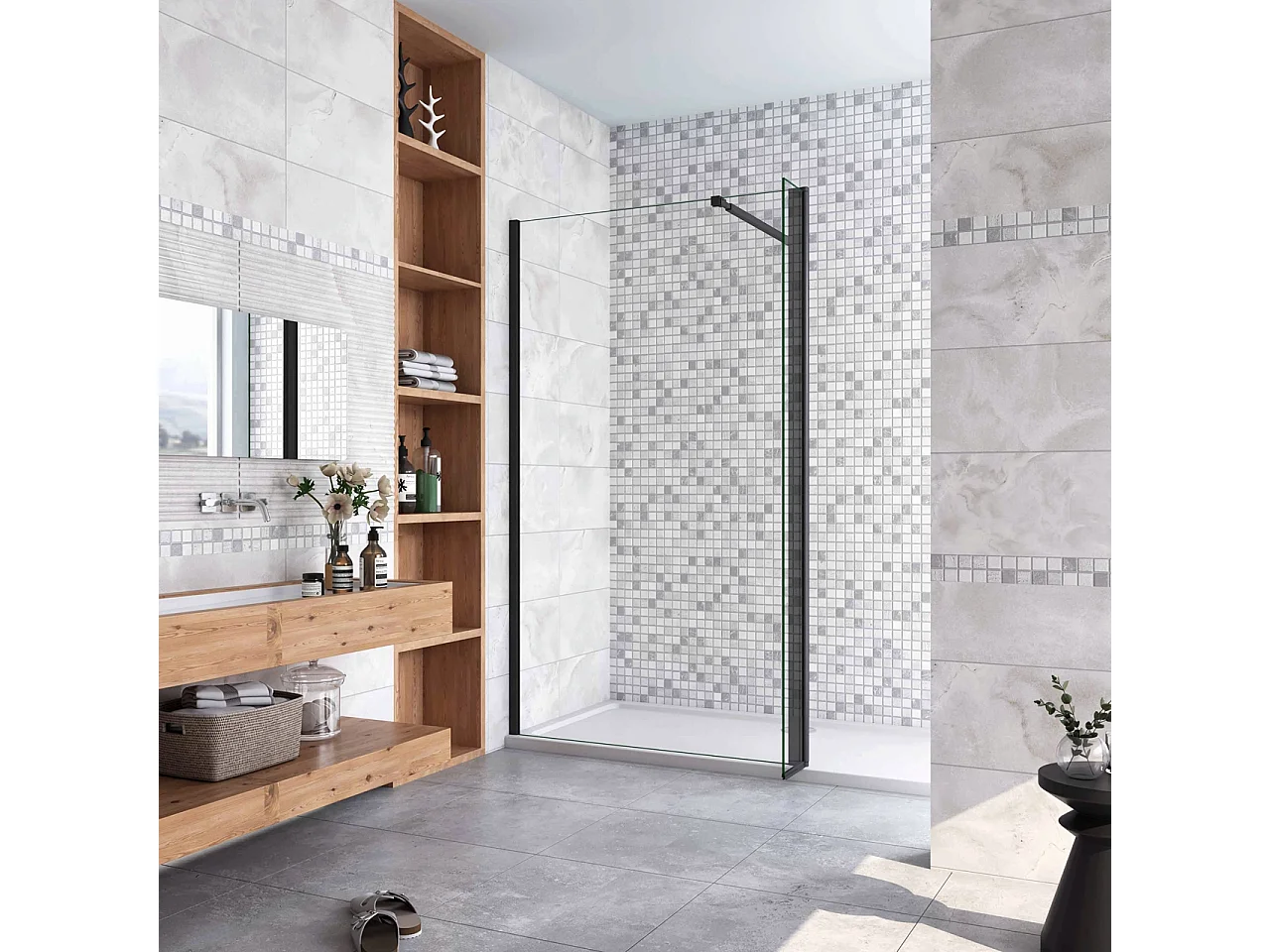 Inloopdouche-douchewand-walk in 8mm NANO EasyClean veiligheidsglas，140x200cm+30x200cm draaibaar hoekprofiel+73-120cm Stabilisatiestang,mat zwart aluminium profiel.