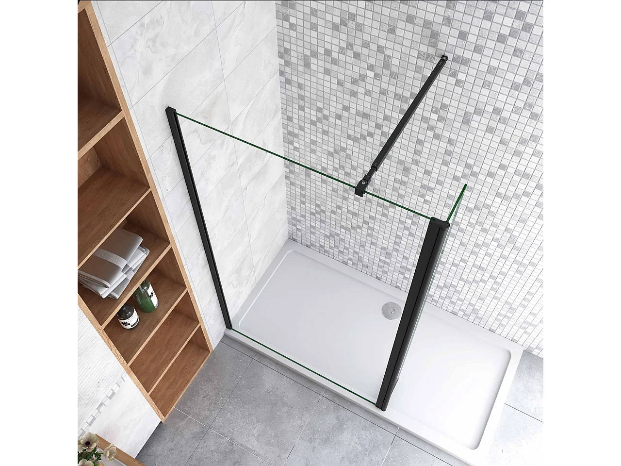 Inloopdouche-douchewand-walk in 8mm NANO EasyClean veiligheidsglas，30x200cm+30x200cm draaibaar hoekprofiel+73-120cm Stabilisatiestang,mat zwart aluminium profiel.