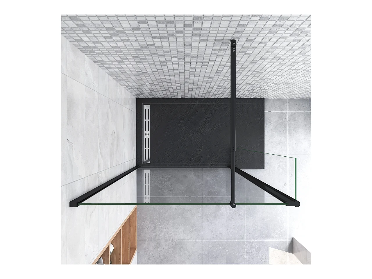 Inloopdouche-douchewand-walk in 8mm NANO EasyClean veiligheidsglas，80x200cm+40x200cm draaibaar hoekprofiel+70-120cm Stabilisatiestang,mat zwart aluminium profiel.