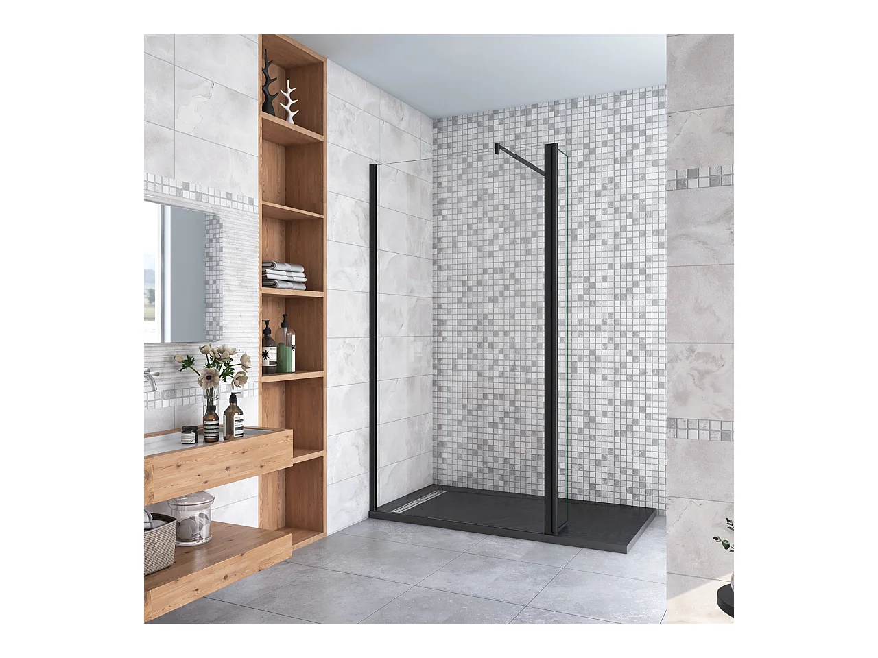 Inloopdouche-douchewand-walk in 8mm NANO EasyClean veiligheidsglas，150x200cm+30x200cm draaibaar hoekprofiel+70-120cm Stabilisatiestang,mat zwart aluminium profiel.