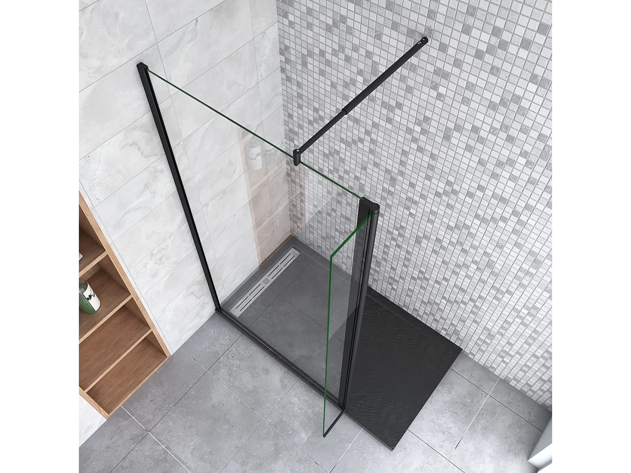Inloopdouche-douchewand-walk in 8mm NANO EasyClean veiligheidsglas，150x200cm+30x200cm draaibaar hoekprofiel+70-120cm Stabilisatiestang,mat zwart aluminium profiel.