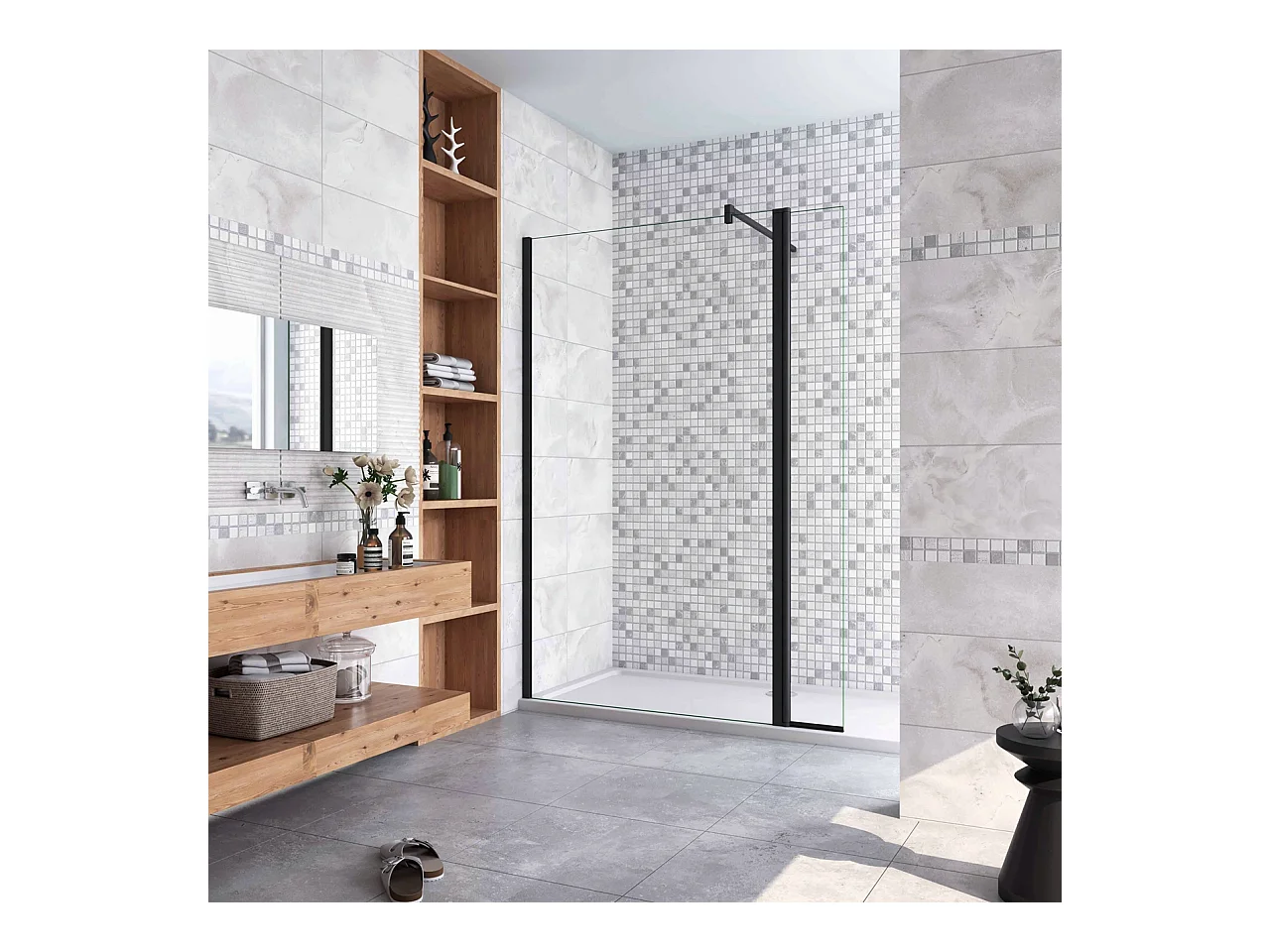 Inloopdouche-douchewand-walk in 10mm NANO EasyClean veiligheidsglas,140x200cm+30x200cm draaibaar hoekprofiel F-vorm: 140 Stabilisatiestang,mat zwart profiel