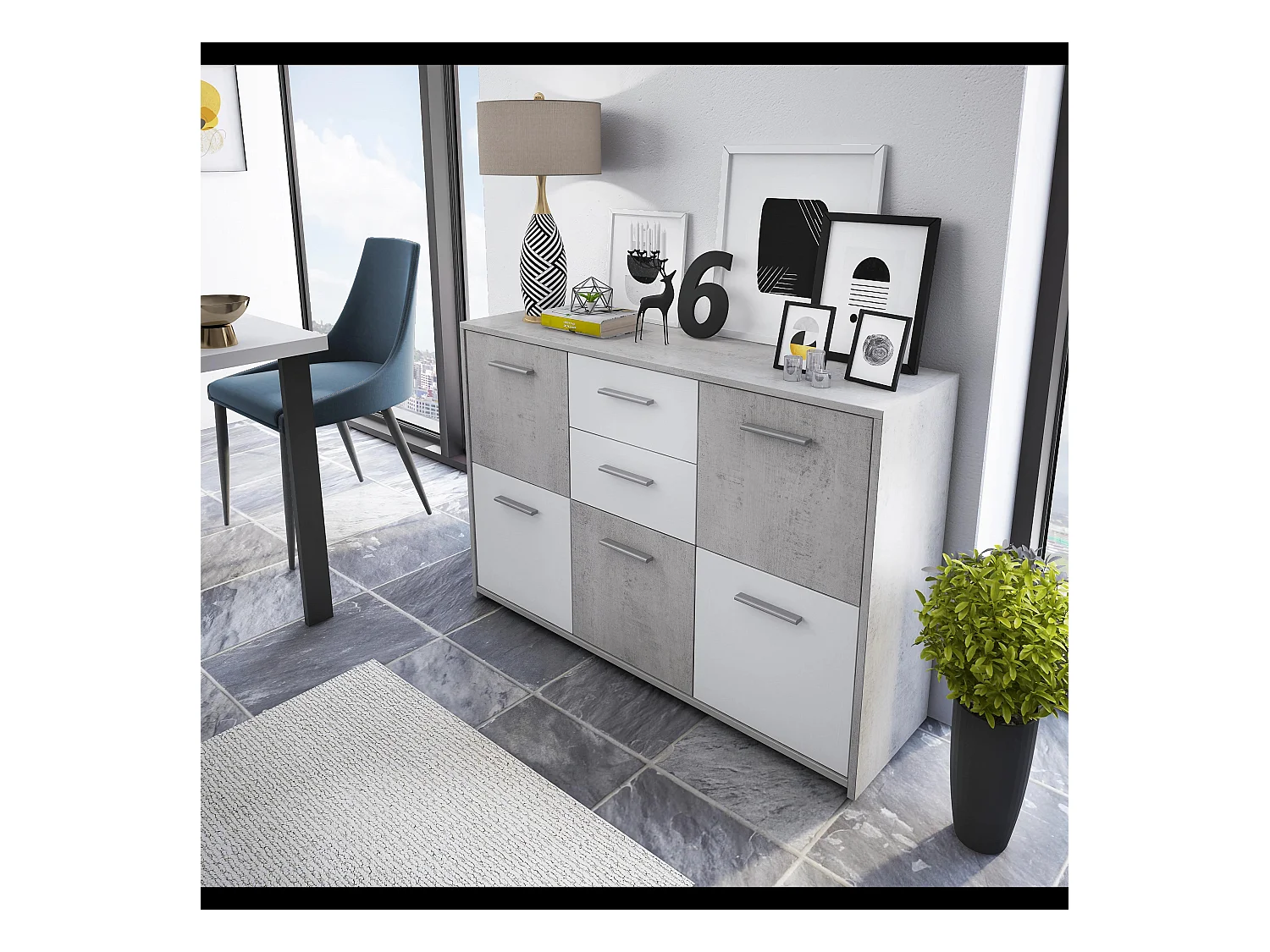 Mobile Contenitore Credenza Moderna Con 5 Ante 2 Cassetti Mobile Multiuso Soggiorno Ingresso Studio Sala Pranzo 114x77x32 Cm Bianco Grigio Cemento