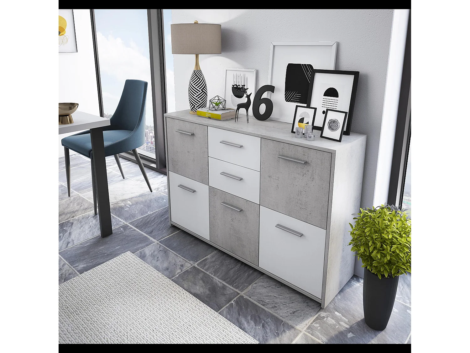 Mobile Contenitore Credenza Moderna Con 5 Ante E 2 Cassetti In Melaminico Mobile Per Soggiorno Ingresso Studio Sala Pranzo 114 x 77 x 32 Cm Bianco Grigio Cemento