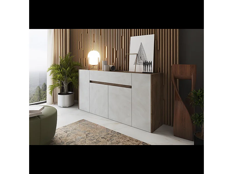 Credenza Moderna Madia In Melaminico 4 Ante E 1 Cassetto Mobile Contenitore Sala Pranzo Soggiorno Design Senza Maniglie 170x85x40 cm Noce Spatolato