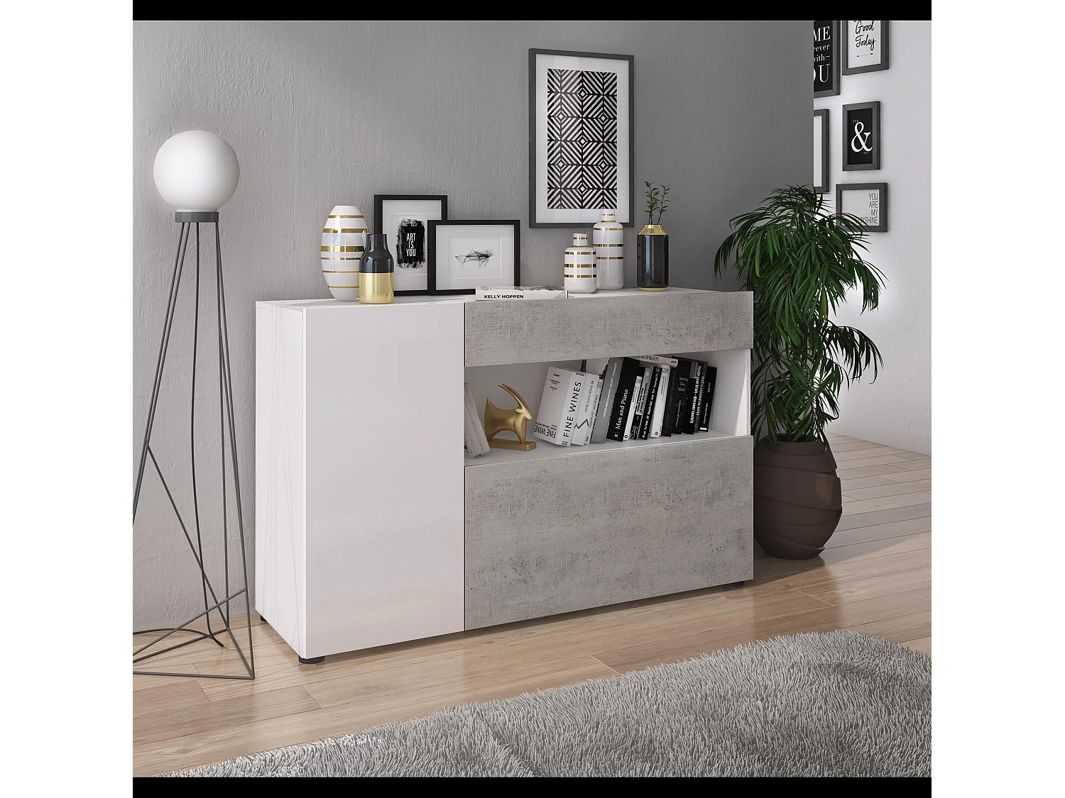 Credenza Moderna Madia Mobile Contenitore In Melaminico Con 2 Ante 1 Cassetto E Ripiani Interni Design Minimal Senza Maniglie 130 x 81 x 41 Cm Bianco Grigio Cemento