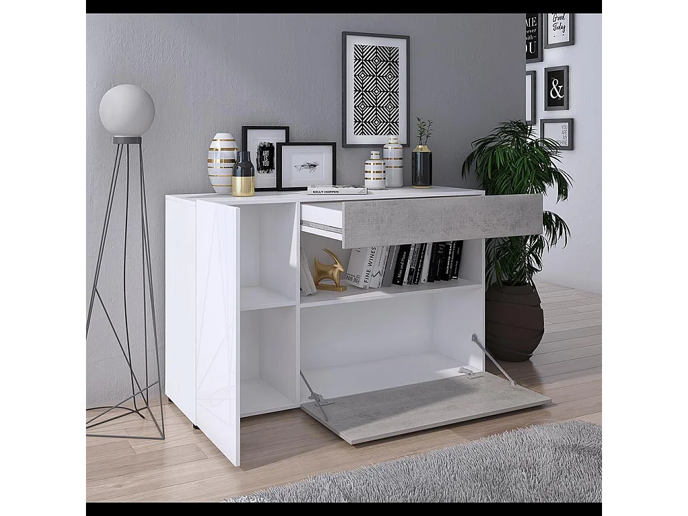 Credenza Moderna Madia Mobile Contenitore In Melaminico Con 2 Ante 1 Cassetto E Ripiani Interni Design Minimal Senza Maniglie 130 x 81 x 41 Cm Bianco Grigio Cemento