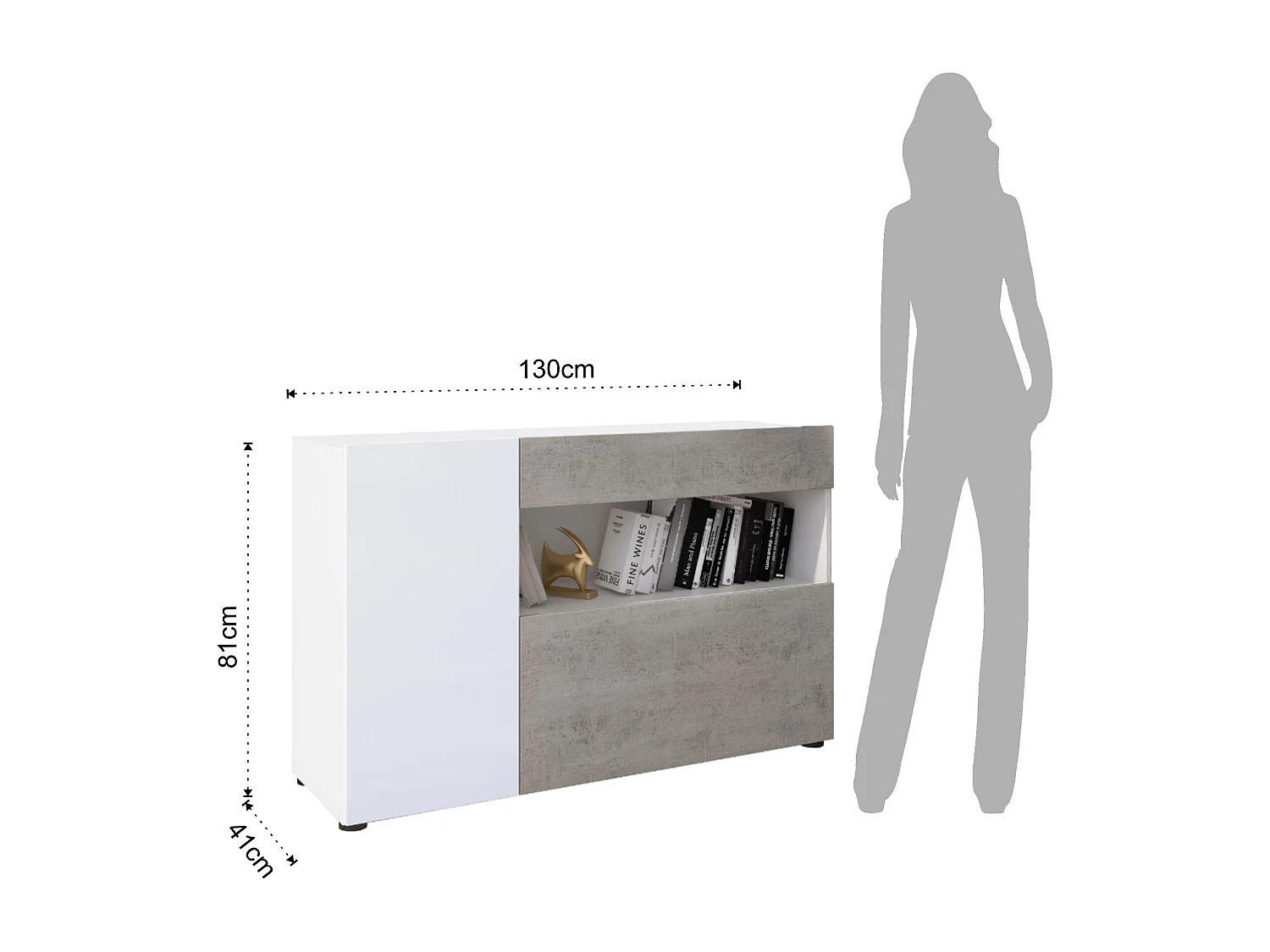Credenza Moderna Madia Mobile Contenitore In Melaminico Con 2 Ante 1 Cassetto E Ripiani Interni Design Minimal Senza Maniglie 130 x 81 x 41 Cm Bianco Grigio Cemento