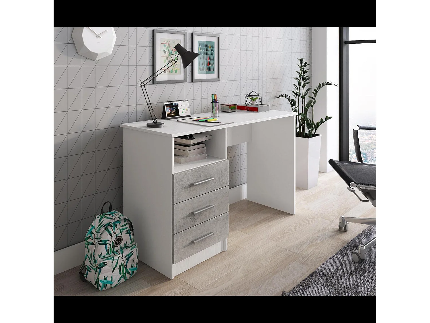 Scrivania Scrittoio Salvaspazio Lipsia Con Cassetti Laterali Mobile Desk Postazione Pc Da Studio Ufficio Soggiorno Cameretta 120 x 72 x 48 Cm Bianco Grigio Cemento