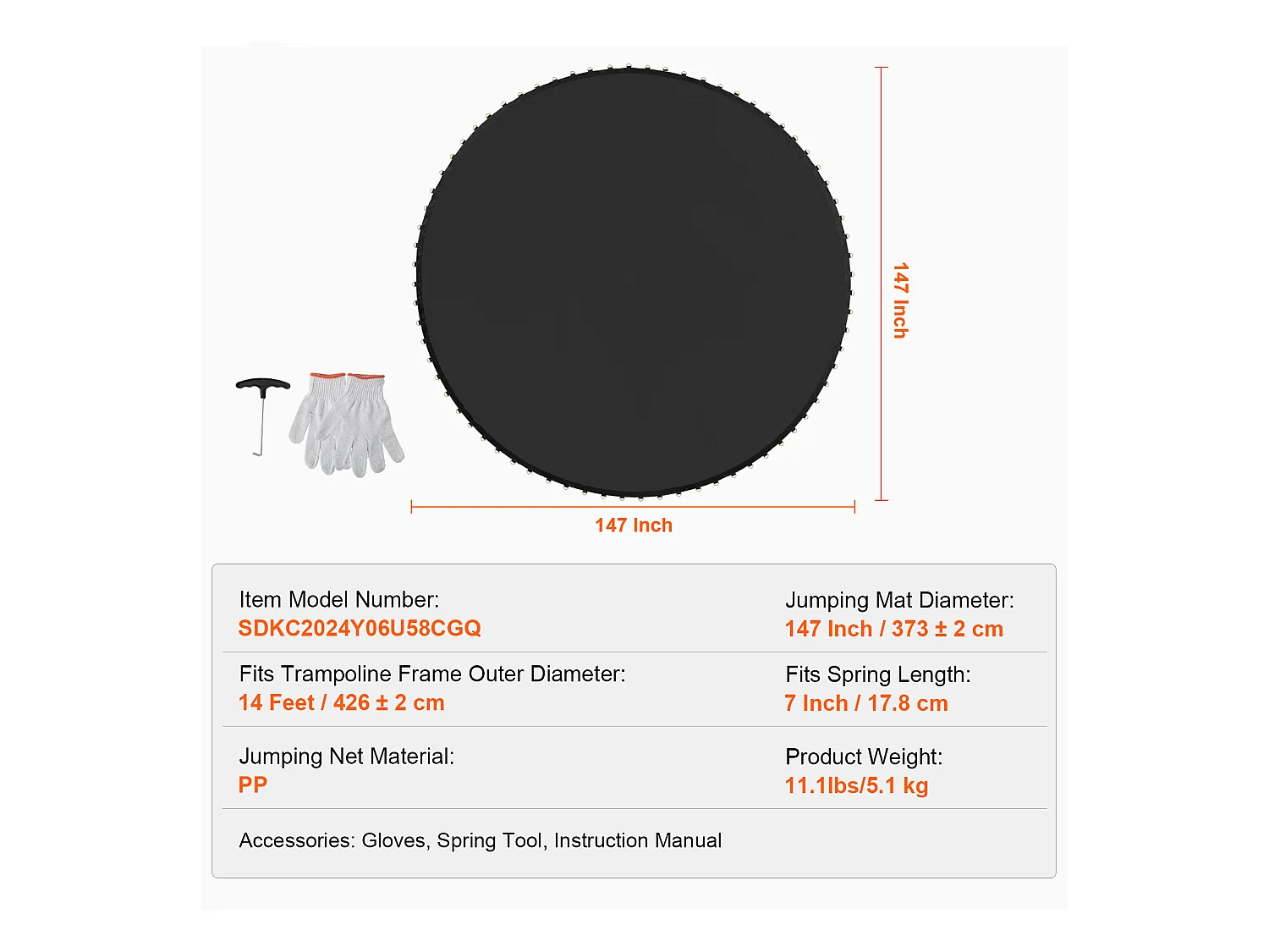 Tapis de Remplacement pour Trampoline SucceBuy, Cadre de 427 cm, 96 Anneaux en V, Ressort de 18 cm, Résistant aux UV, Durable