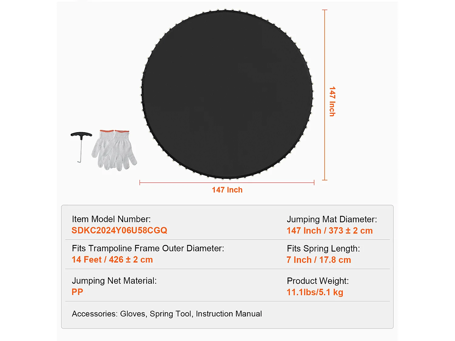 Tapis de Remplacement pour Trampoline SucceBuy, Cadre de 427 cm, 96 Anneaux en V, Ressort de 18 cm, Résistant aux UV, Durable