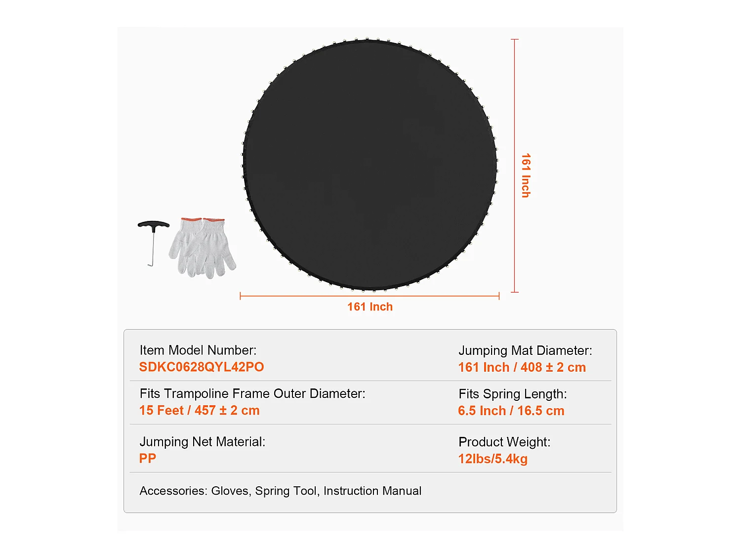 Tapis de Remplacement pour Trampoline SucceBuy, Cadre de 457 cm, 96 Anneaux en V, Ressort de 16 cm, Résistant aux UV, Durable