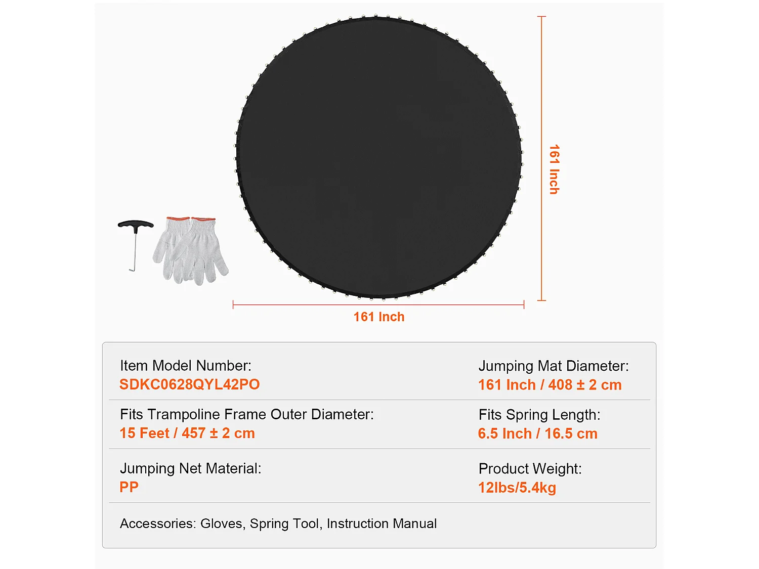 Tapis de Remplacement pour Trampoline SucceBuy, Cadre de 457 cm, 96 Anneaux en V, Ressort de 16 cm, Résistant aux UV, Durable