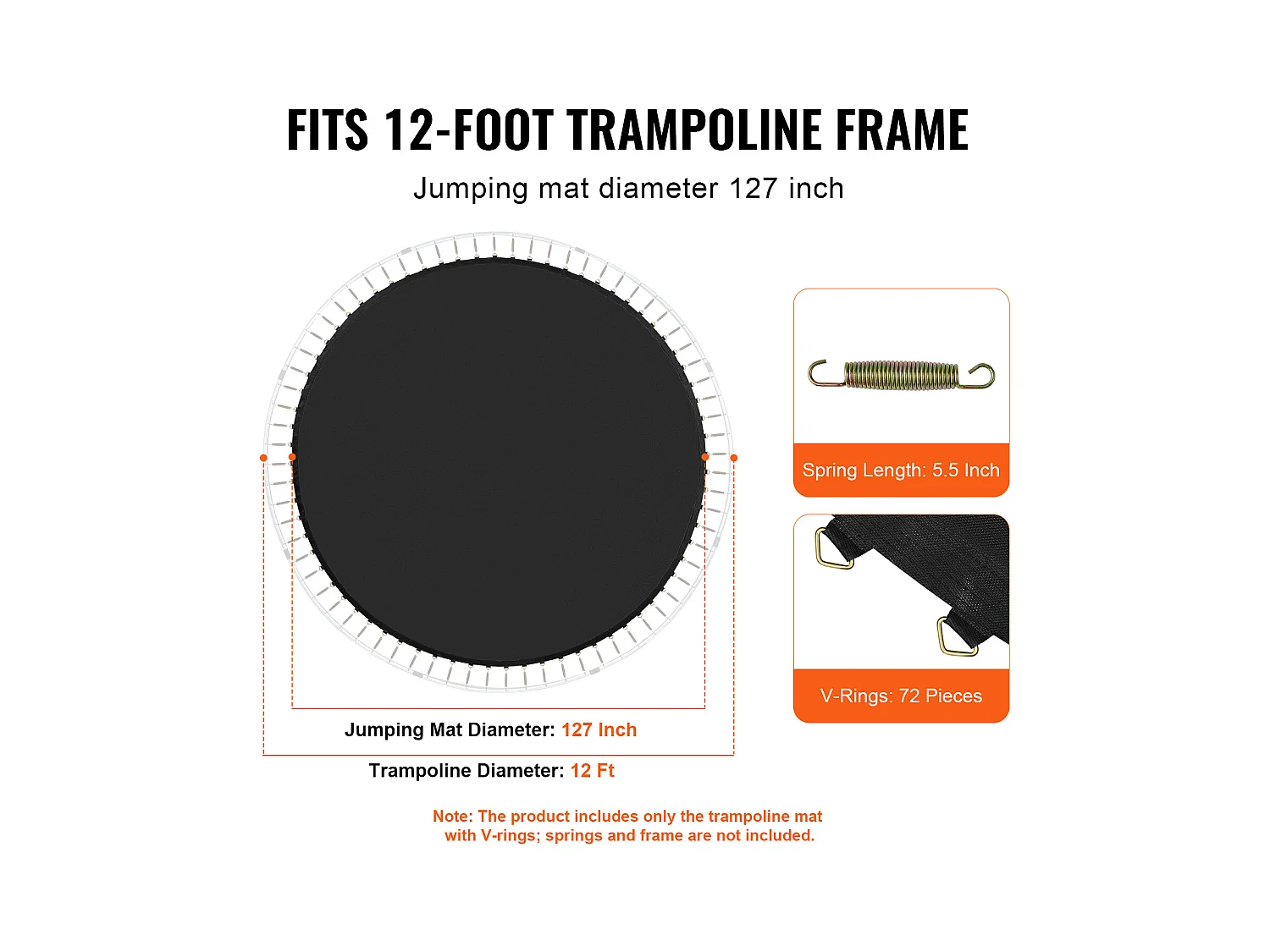 Tapis de Remplacement pour Trampoline SucceBuy, Cadre de 366 cm, 72 Anneaux en V, Ressort de 14 cm, Résistant aux UV, Durable