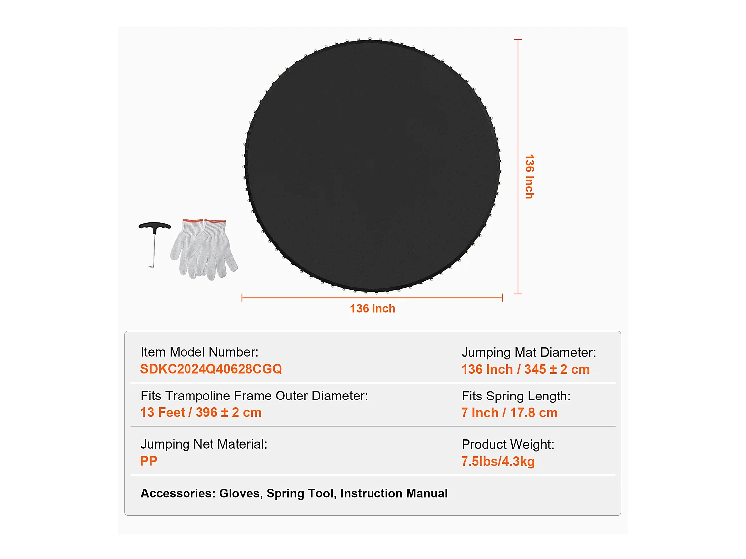 Tapis de Remplacement pour Trampoline SucceBuy, Cadre de 396 cm, 80 Anneaux en V, Ressort de 18 cm, Résistant aux UV, Durable