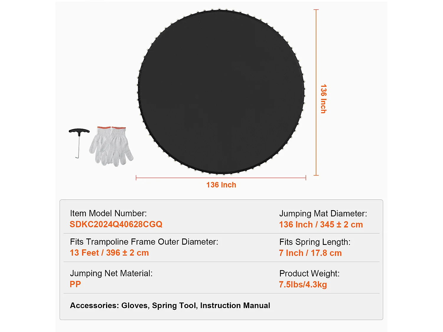 Tapis de Remplacement pour Trampoline SucceBuy, Cadre de 396 cm, 80 Anneaux en V, Ressort de 18 cm, Résistant aux UV, Durable