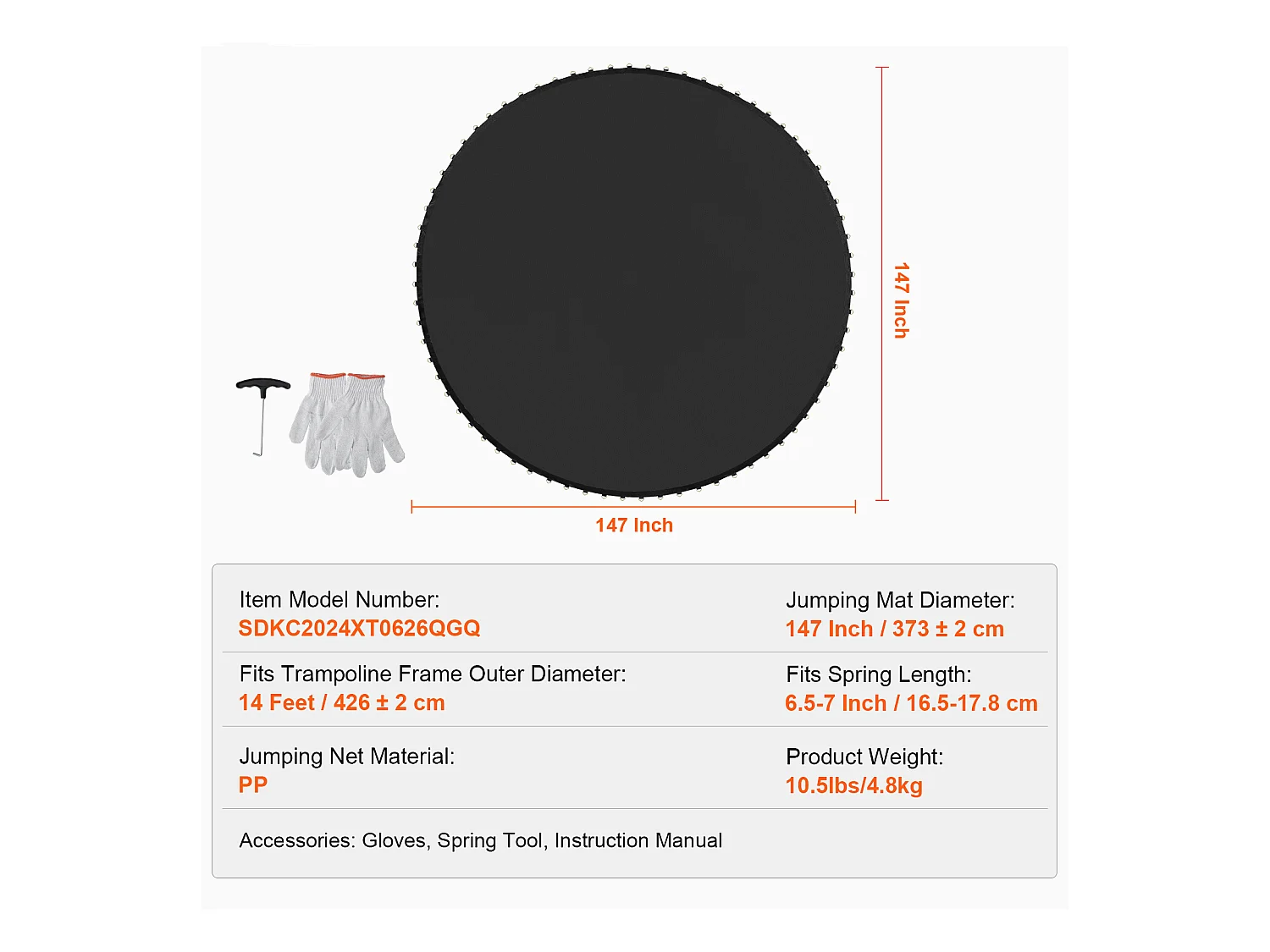 Tapis de Remplacement pour Trampoline SucceBuy, Cadre de 427 cm, 72 Anneaux en V, Ressort de 16 à 18 cm, Résistant aux UV, Durable