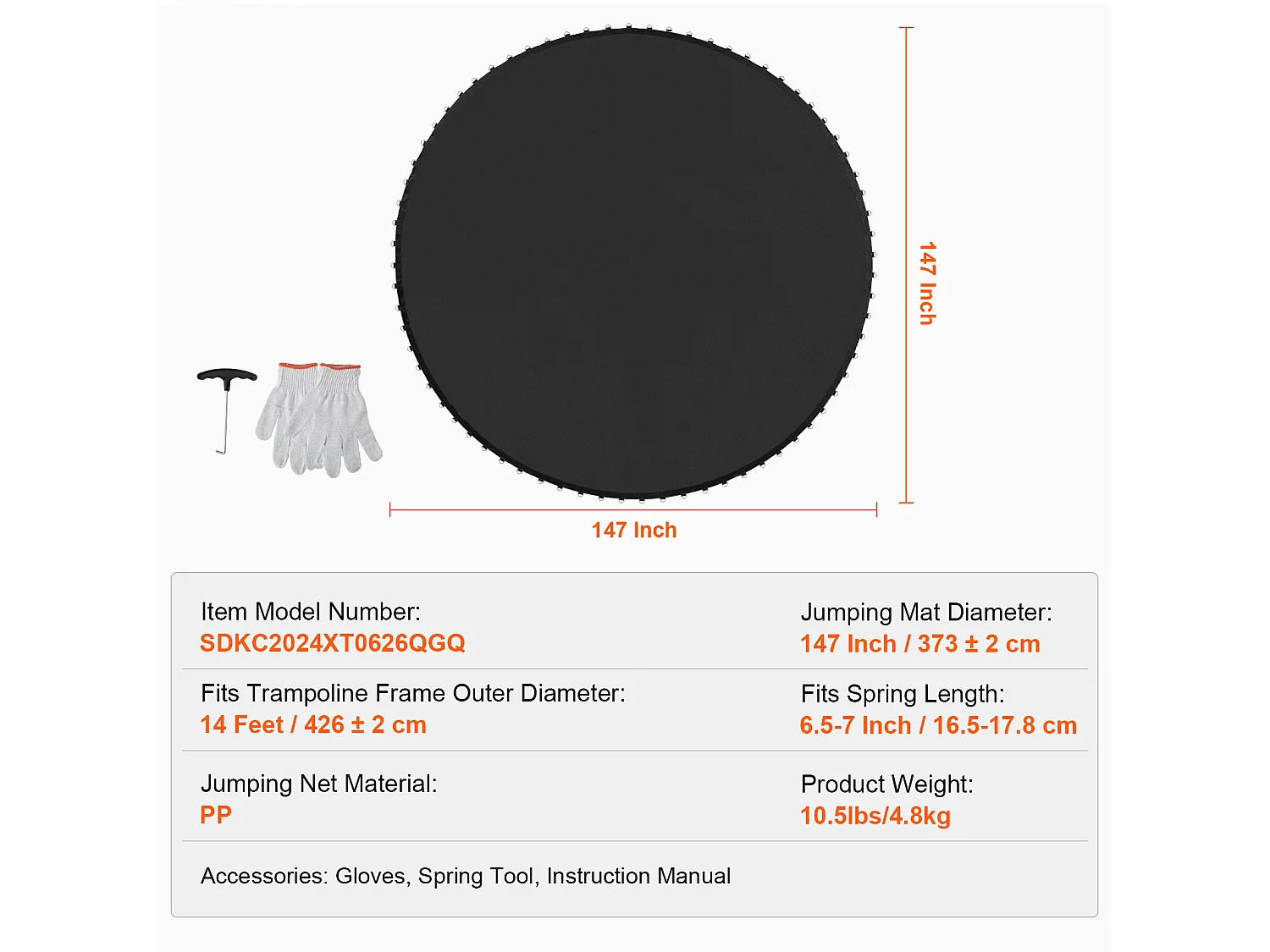 Tapis de Remplacement pour Trampoline SucceBuy, Cadre de 427 cm, 72 Anneaux en V, Ressort de 16 à 18 cm, Résistant aux UV, Durable