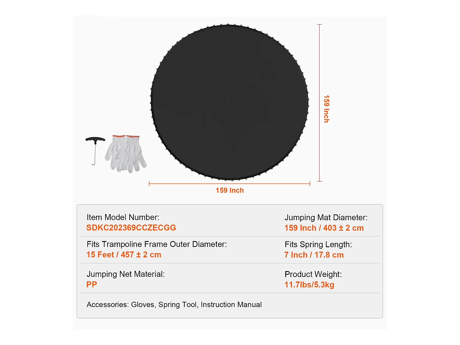 Tapis de Remplacement pour Trampoline SucceBuy, Cadre de 457 cm, 96 Anneaux en V, Ressort de 18 cm, Résistant aux UV, Durable