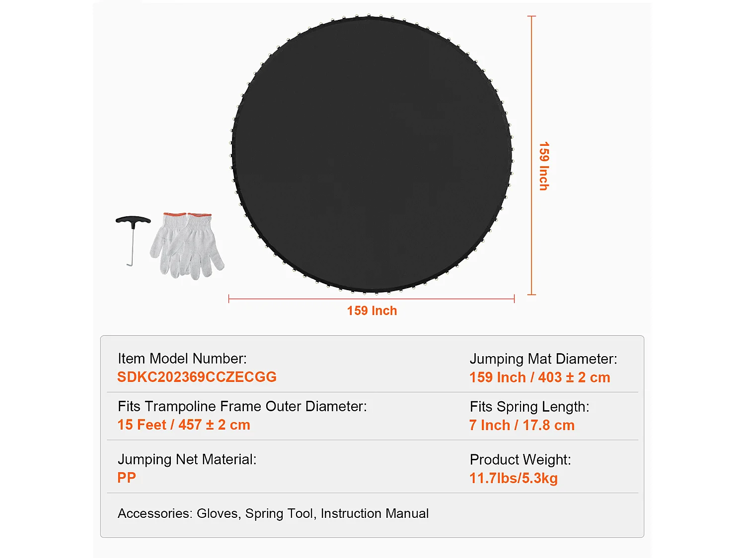 Tapis de Remplacement pour Trampoline SucceBuy, Cadre de 457 cm, 96 Anneaux en V, Ressort de 18 cm, Résistant aux UV, Durable