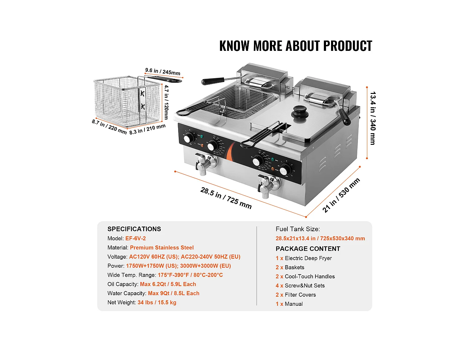 Friteuse Commerciale SucceBuy Friteuse Électrique de Comptoir Double Cuve 3000 W x 2 Capacité de 5,9 L