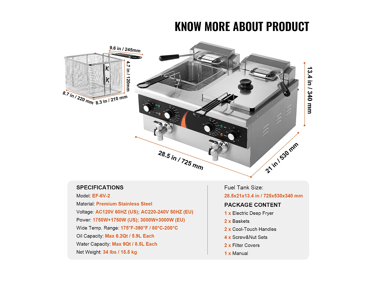 Friteuse Commerciale SucceBuy Friteuse Électrique de Comptoir Double Cuve 3000 W x 2 Capacité de 5,9 L