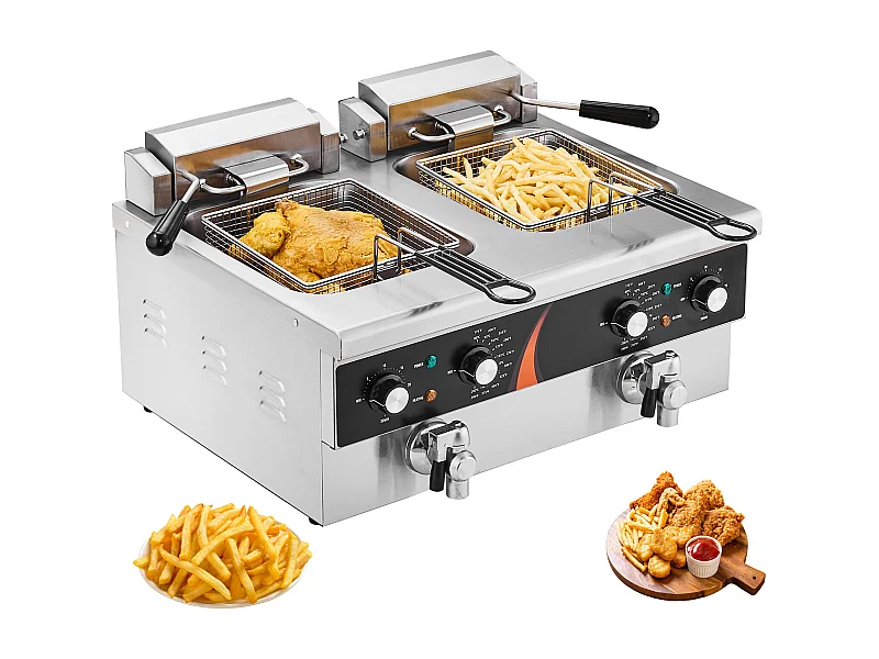 Freidora Comercial SucceBuy Freidora Eléctrica de Mostrador Doble Cubeta 3000 W x 2 Capacidad de 5,9 L