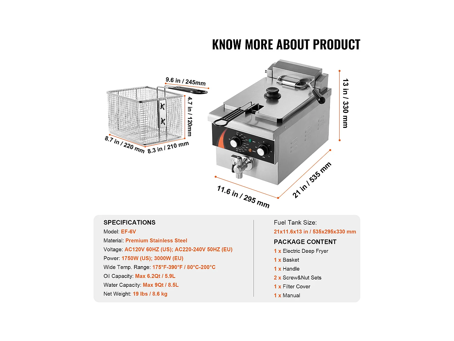 Friteuse SucceBuy Commerciale de Comptoir 8,5 L 1750 W, Conçue pour Usage Intensif dans les Établissements de Restauration Rapide