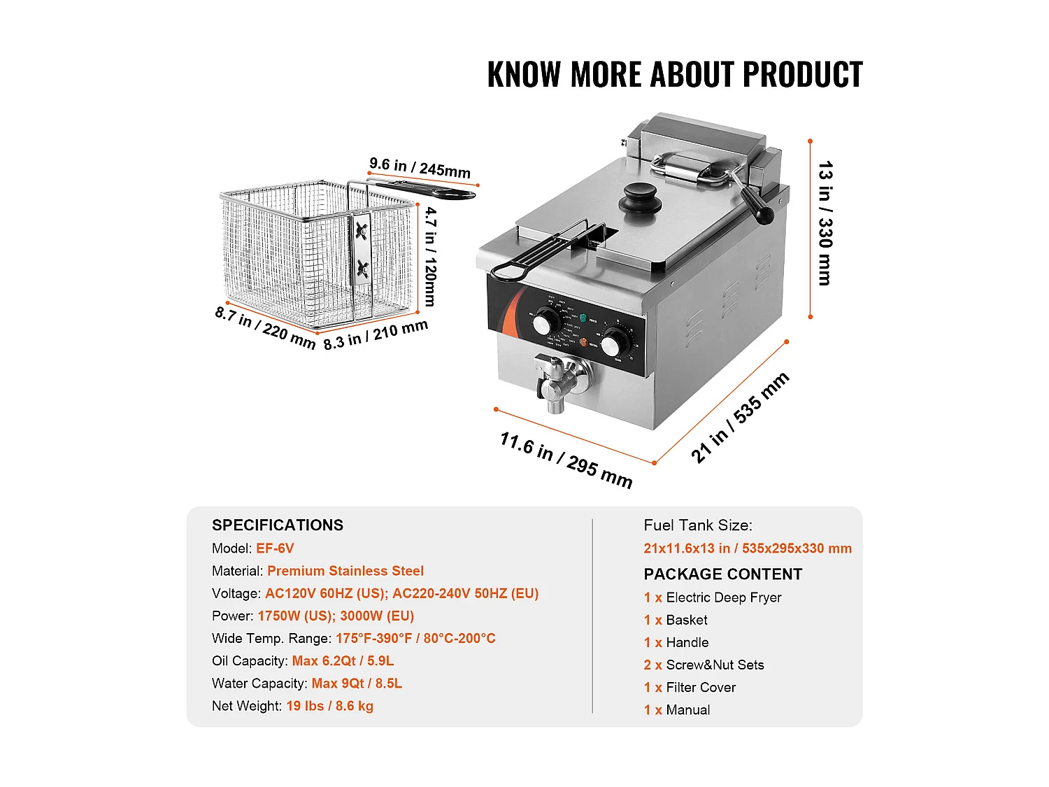 Friteuse SucceBuy Commerciale de Comptoir 8,5 L 1750 W, Conçue pour Usage Intensif dans les Établissements de Restauration Rapide