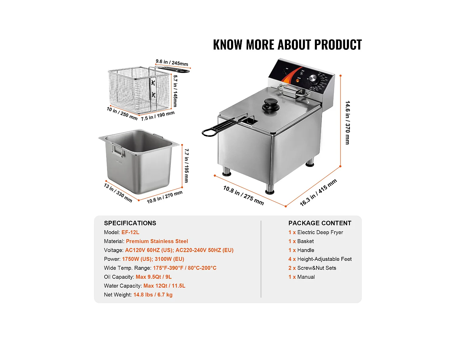Freidora Eléctrica Comercial SucceBuy 3100 W 9 L 200 °C, Perfecta para Restaurantes y Snacks con Control de Temperatura Preciso