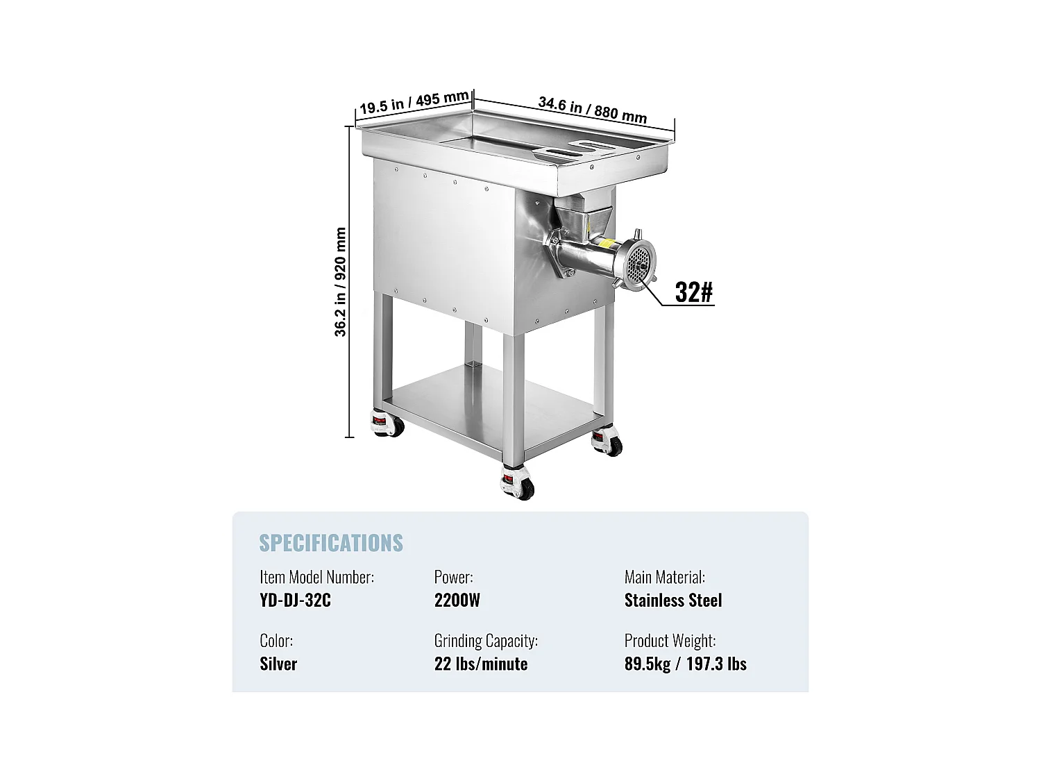 Hachoir à Viande SucceBuy Électrique Commercial 10kg/min 2200 W Industriel, Idéal pour Usage Intensif dans les Cuisines Professionnelles