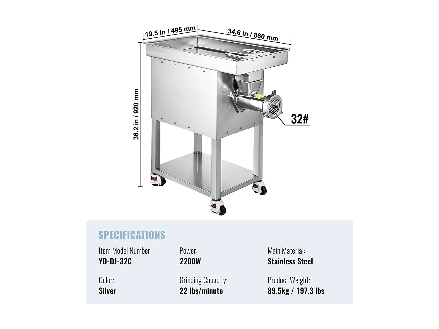 Hachoir à Viande SucceBuy Électrique Commercial 10kg/min 2200 W Industriel, Idéal pour Usage Intensif dans les Cuisines Professionnelles