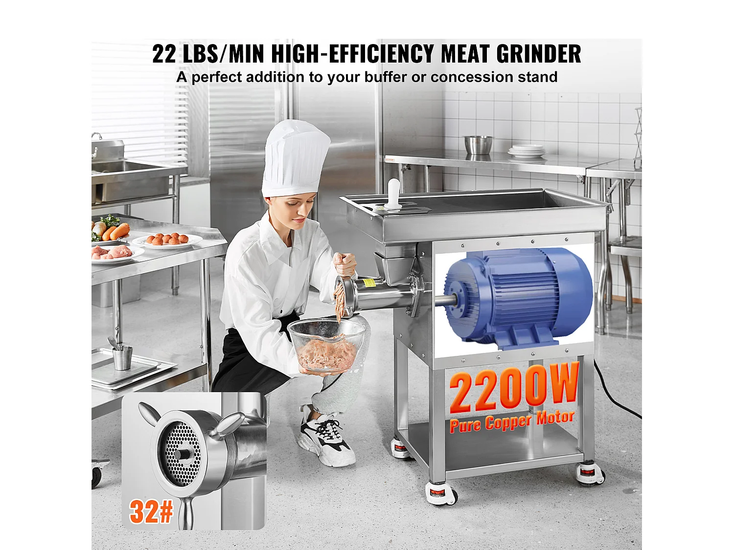 Hachoir à Viande SucceBuy Électrique Commercial 10kg/min 2200 W Industriel, Idéal pour Usage Intensif dans les Cuisines Professionnelles
