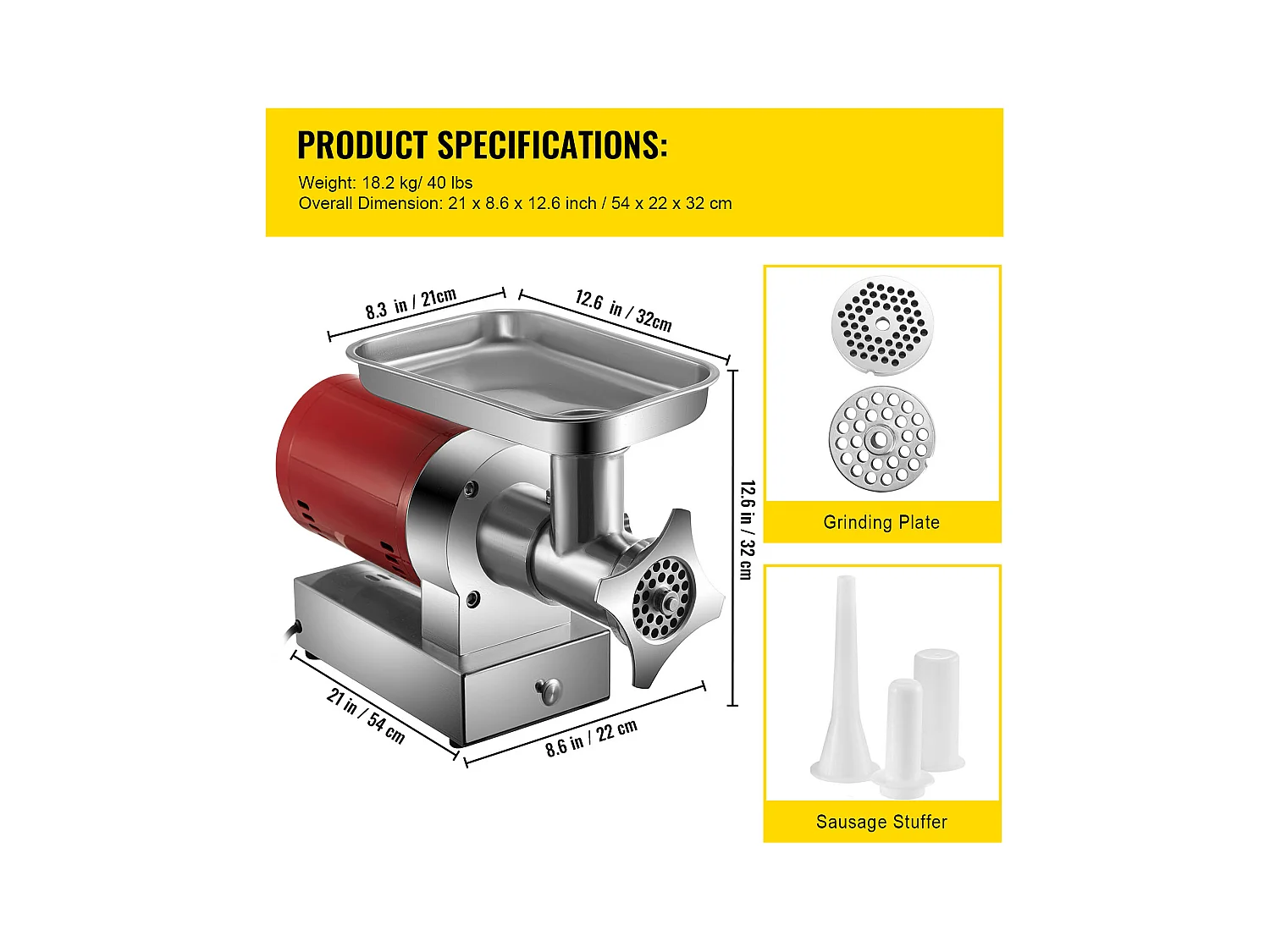 Hachoir à Viande SucceBuy Électrique 5kg/min Hachoir Électrique 1100 W, Excellent pour Cuisine Domestique et Petits Commerces Alimentaires