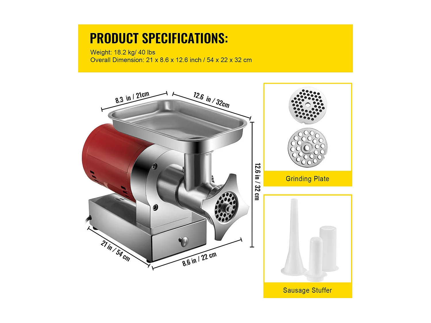 Hachoir à Viande SucceBuy Électrique 5kg/min Hachoir Électrique 1100 W, Excellent pour Cuisine Domestique et Petits Commerces Alimentaires
